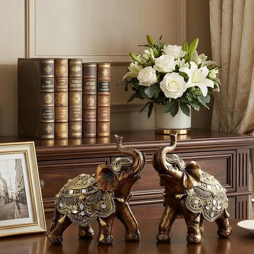 Vista 2 de Buachois Estatua de elefante de la suerte, símbolo de suerte y prosperidad, acento dorado antiguo de resina, figura de elefantes Feng Shui, adornos