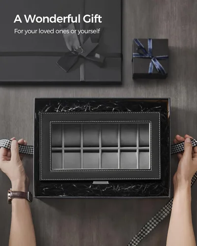 Vista 7 de SONGMICS Caja de reloj, Organizador de 12 relojes de hombre, Joyero con cerradura y llaves, Negro UJWB012