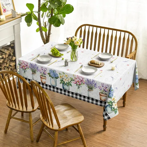 Vista 2 de Horaldaily Mantel de primavera y verano de 60 x 84 pulgadas, florero floral de Pascua con tulipán lavanda y hortensias para decoración de fiestas