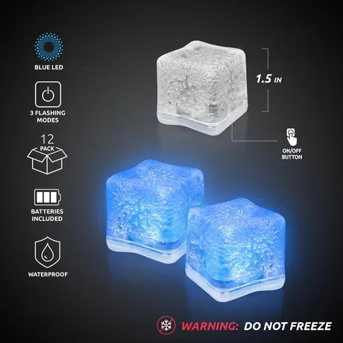 Vista 3 de Windy City Novelties Paquete de 12 cubos de hielo LED azules con 6 modos de luz, innovador botón de encendido/apagado, perfectos para fiestas