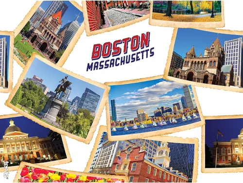 Vista 2 de Tervis Massachusetts Boston Collage - Vaso postal con envoltura y tapa roja, 24 onzas, transparente