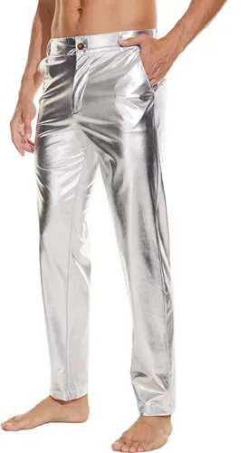 Vista 3 de Pantalones de discoteca metálicos brillantes para hombre, pantalones de fiesta de los años 70, pantalones de discoteca de pierna recta, disfraz