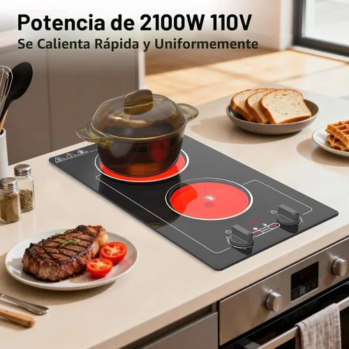 Vista 7 de VBGK - Placa de cocina eléctrica, estufa eléctrica de 110V y 2100W con control de perilla, diseño de encimera/integrado con 9 niveles de potencia