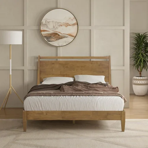 Vista 14 de NTC Adept Marco de cama de madera con cabecero, base de madera de roble macizo y caucho con listones silenciosos y soportes centrales de madera