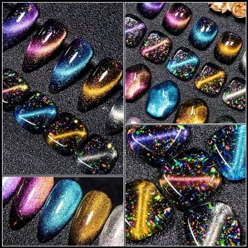 Vista 5 de MEET ACROSS Colorful Clouds - Juego de esmaltes de uñas de gel de ojo de gato, kit de manicura con luz LED UV, 6 colores con barra magnética
