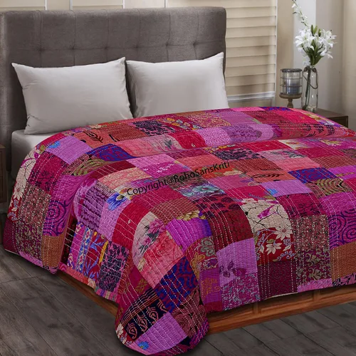 Vista 11 de Boho Sanskriti Colcha de seda india Kantha de retazos de seda tamaño Queen Twin Patola Colcha Negro
