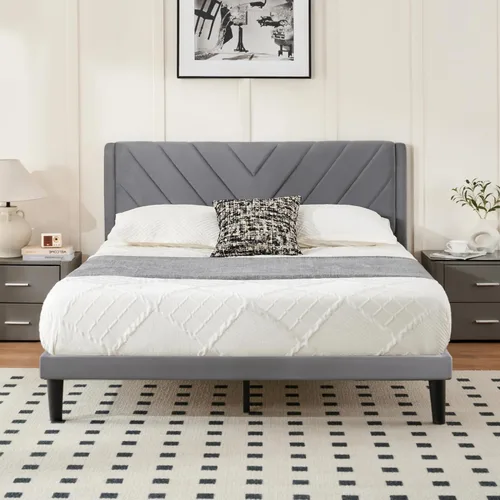 Vista 8 de Base de cama de plataforma de tamaño matrimonial con cabecera de terciopelo, borde de ala, listones de madera resistentes, sin ruido, no necesita