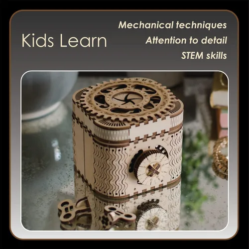 Vista 4 de MindWare Gearjits: Treasure Box - Rompecabezas de construcción 3D de madera de 158 piezas para adolescentes y adultos - Modelo de construcción