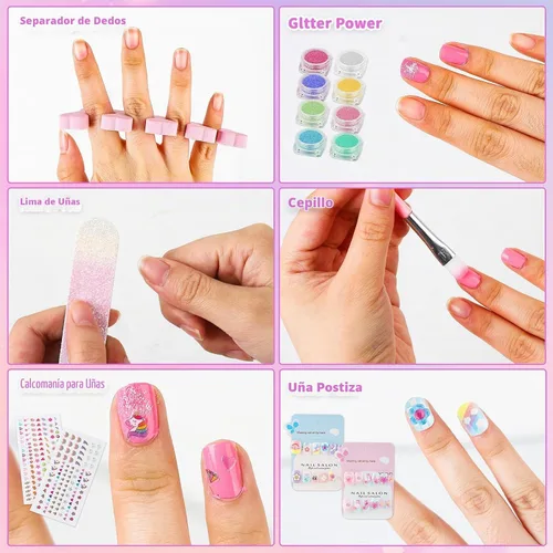 Vista 4 de Juego de esmaltes de uñas para niñas, kit de salón de esmalte de uñas de secado rápido, esmalte de uñas despegable, juguetes de regalo ideal