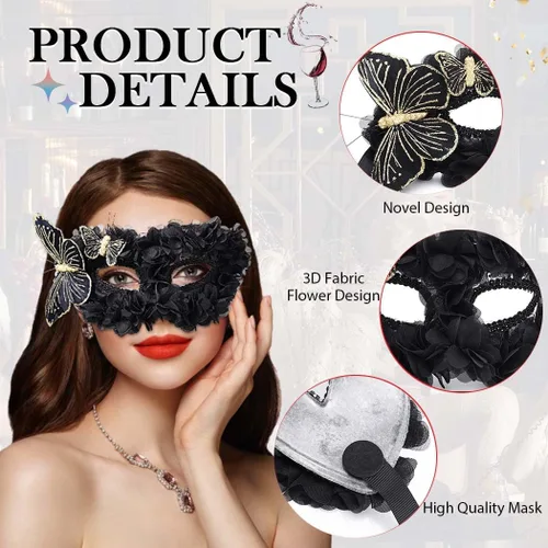 Vista 6 de Campsis Máscara de disfraz para mujer, máscara negra de mariposa, Mardi Gras, accesorio para fiesta veneciana, Halloween, baile de graduación