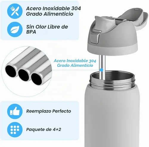 Vista 3 de 4 piezas de pajitas de acero inoxidable de repuesto compatibles con botella Owala 24 oz 32 oz, pajitas reutilizables con 2 cepillos de limpieza