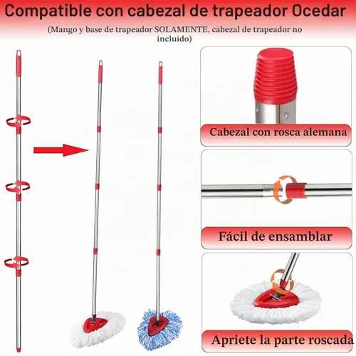 Vista 4 de Mango de repuesto para trapeador giratorio, barra de repuesto de trapeador de 4 secciones de 30 a 58 pulgadas y base compatible con mango de Rojo