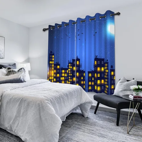 Vista 4 de Cortinas de superhéroe de 21 x 45 pulgadas, diseño de dibujos animados, cómic, edificios de ciudad, edificios, 2 paneles de oscurecimiento