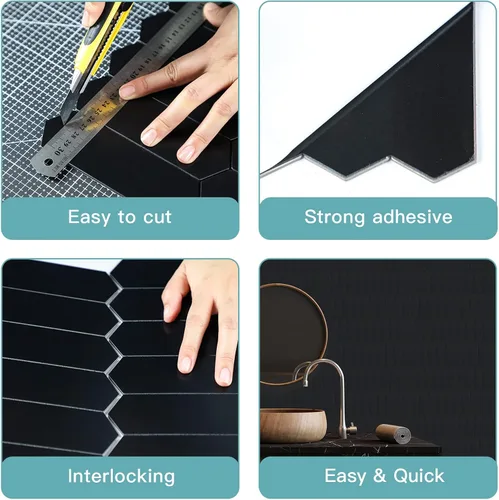 Vista 4 de Azulejo negro para salpicaduras de piquete, aspecto de cerámica, largo hexágono autoadhesivo para pared de cocina y baño, paquete de 6