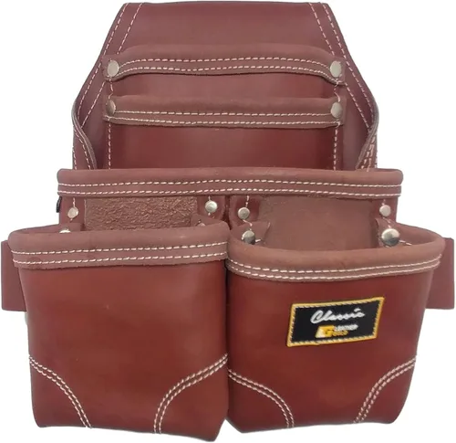 Vista 2 de Funda para uñas de carpintero de cuero dorado 3350DP, cuero marrón, 5 bolsillos Cuero curtido al aceite con costuras reforzadas y 2 presillas