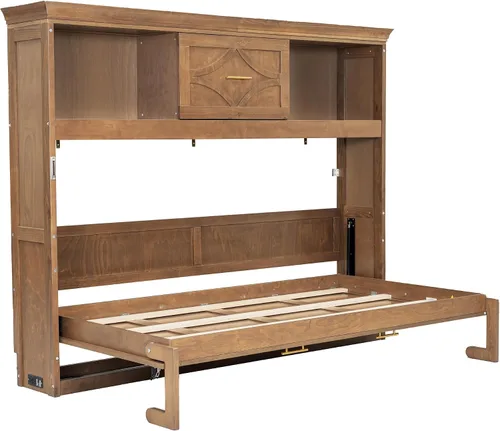 Vista 6 de MERITLINE Cama Murphy horizontal individual con estantes de almacenamiento, cajón y estación de carga, cama de pared de madera maciza con Madera