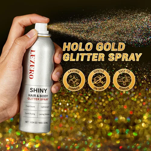 Vista 2 de Spray de purpurina para el cabello y el cuerpo para mujer, maquillaje dorado brillante, gran capacidad para conciertos, bodas, festivales, rave, 6.8