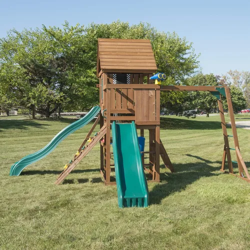 Vista 3 de Swing-N-Slide WS 8354 Knightsbridge - Juego de columpio de madera con dos toboganes, juego de juego, barras de mono, pared de escalada, juego