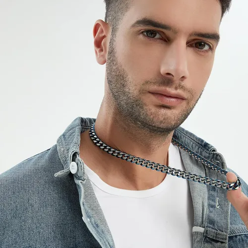Vista 6 de YAMI Cadena de eslabones cubanos para hombre, azul/negro/oro de 14 quilates, acero inoxidable de 0.394-0.472 in de grosor, collar de cadena