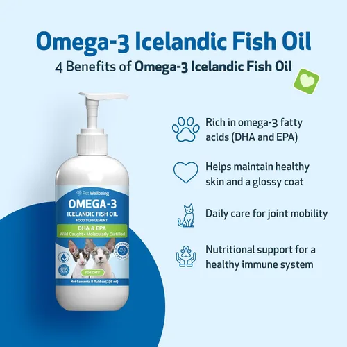 Vista 4 de Pet Wellbeing Aceite de pescado islandés omega-3 para gatos, pescado capturado en la naturaleza, pescado de agua fría, piel y pelaje saludables