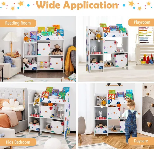 Vista 7 de Costzon Organizador de juguetes y libros para niños, estantería de almacenamiento de madera con 5 estantes abiertos, 2 cajas de almacenamiento y 3