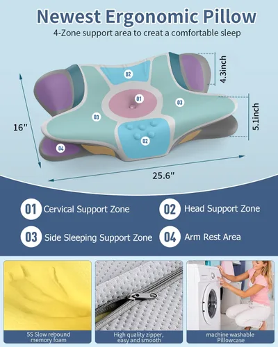 Vista 4 de Almohada cervical para aliviar el dolor de cuello, almohada cervical ergonómica para dormir, almohada ortopédica de contorno lateral para soporte