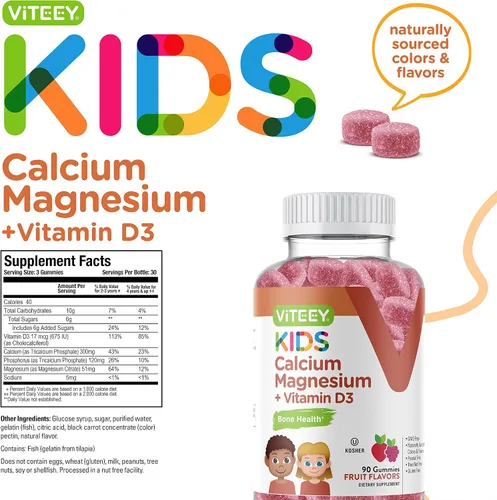 Vista 4 de VITEEY Gomitas de calcio para niños + vitamina D3 y citrato de magnesio para niños y adolescentes – Apoya la salud ósea, el apoyo inmunológico