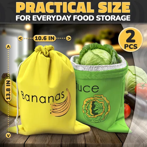 Vista 2 de Bolsas de producción reutilizables para plátanos y lechuga frescas – Bolsas de almacenamiento para verduras y frutas con forro de aluminio