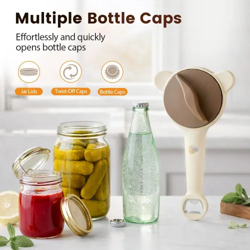 Vista 4 de Abrelatas de acero inoxidable ajustable, abridor de tarros para manos débiles con abridor de tapas de botellas, agarre de tapa multifuncional
