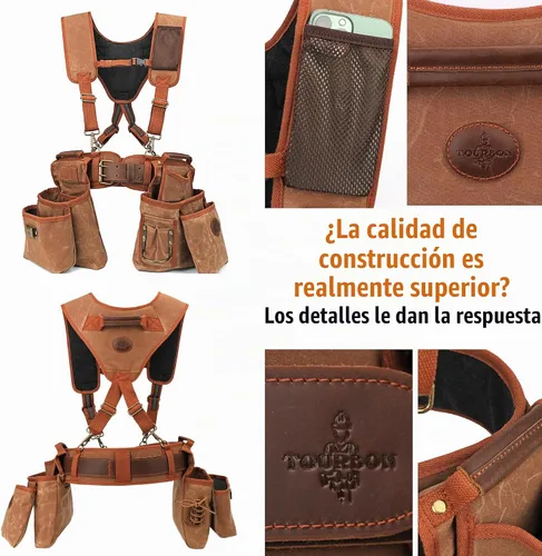 Vista 6 de Tourbon Cinturón de herramientas para carpintería resistente con tirantes desmontables de lona acolchada para enmarcadores de construcción