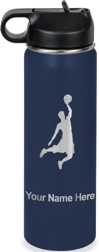 Vista 51 de LaserGram Botella de Agua Personalizada, Basketball Slam Dunk Man, Acero Inoxidable de Doble Pared con Aislamiento al Vacío con Pajita Abatible