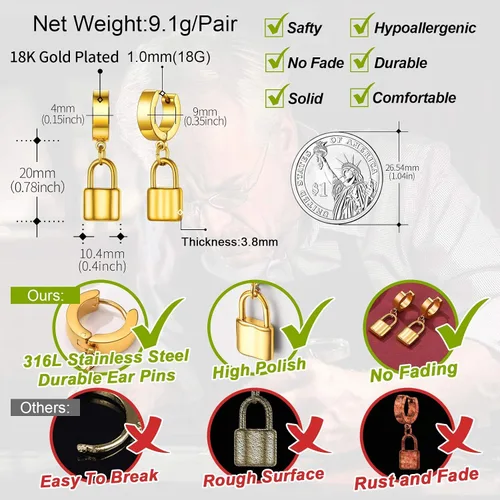 Vista 3 de FaithHeart Aretes de aro Huggie para mujer, acero inoxidable, chapado en oro de 18 quilates, aretes colgantes de gota de AnkhCrossCandkBocina