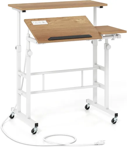 Vista 11 de COSTWAY Escritorio móvil de pie, carrito para laptop con escritorio abatible, mesa sobre la cama con ruedas, escritorio de computadora para estar