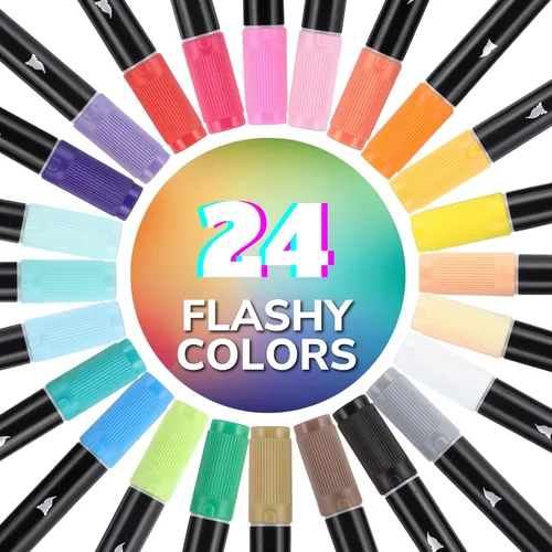 Vista 5 de HUAL Bolígrafos de pintura acrílica de doble punta, 24 colores finos y marcadores de punta de pincel para artistas profesionales, manualidades