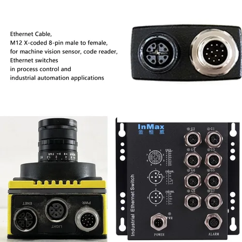 Vista 3 de M12 Ethernet 8 Pin X-Code RJ45 CAT-7e GigE Cable para cámara Basler Cognex Vision Sensor Lector de Código de Barras PLC Router Switch Red 1M