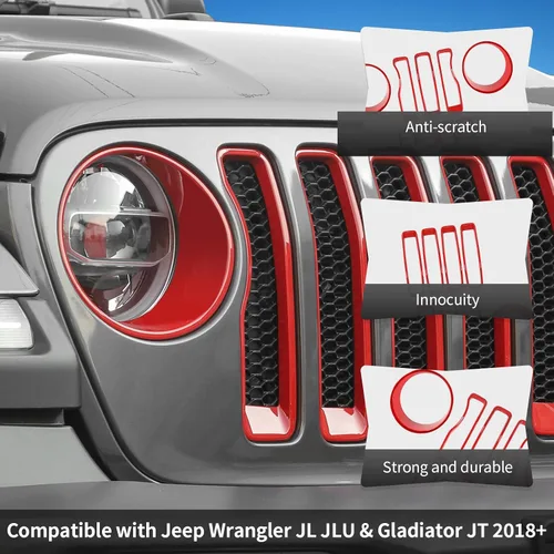 Vista 6 de CheroCar Insertos de malla frontal y biseles de faros delanteros de ojos enojados, ajuste para Jeep Wrangler JL JLU y Gladiator JT, accesorios Rojo
