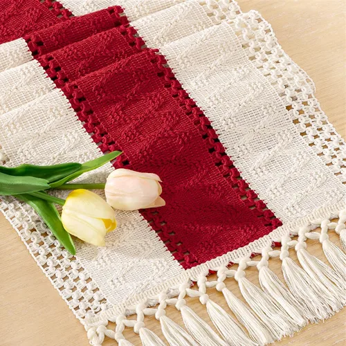Vista 21 de Socomi Camino de mesa bohemio de verano rústico para comedor, cocina, centro de mesa, decoración pequeña de macramé de algodón y lino, camino