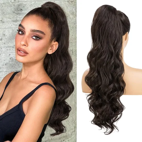 Vista 15 de Extensiones de cabello sintético ondulado con cordón para cola de caballo de 26 pulgadas, para mujer, castaño medio ceniza, rubio ceniza