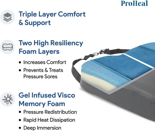 Vista 2 de ProHeal Cojín de asiento para silla de ruedas, espuma viscoelástica con infusión de gel, ortopédico, coxis, soporte para coxis, alta resistencia