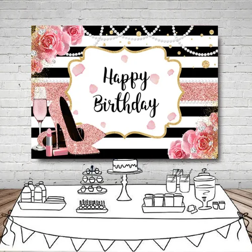 Vista 3 de Sensfun Telón de fondo de feliz cumpleaños floral rosa de 5 x 3 pies para mujer, con purpurina de oro rosa, tacón alto, fondo de fotografía, fondo