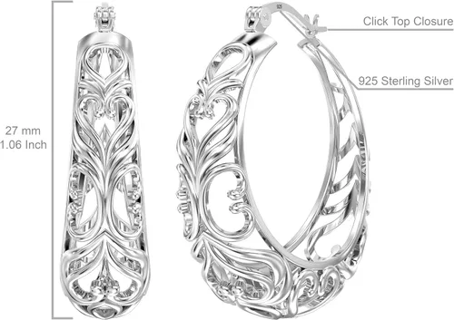 Vista 5 de LeCalla Aretes de aro gruesos de plata de ley 925 Aros de malla de filigrana con forma de corazón para mujer