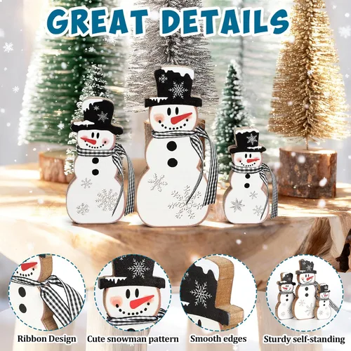 Vista 3 de 3 piezas de decoración de mesa de Navidad con muñeco de nieve, muñeco de nieve de madera, centros de mesa de invierno, letrero de mesa de madera