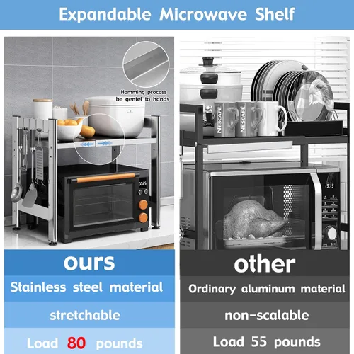 Vista 5 de Estante extensible para horno microondas de 2 niveles para encimera de acero inoxidable Heavy-duty adjustable microwave stand countertop organizer
