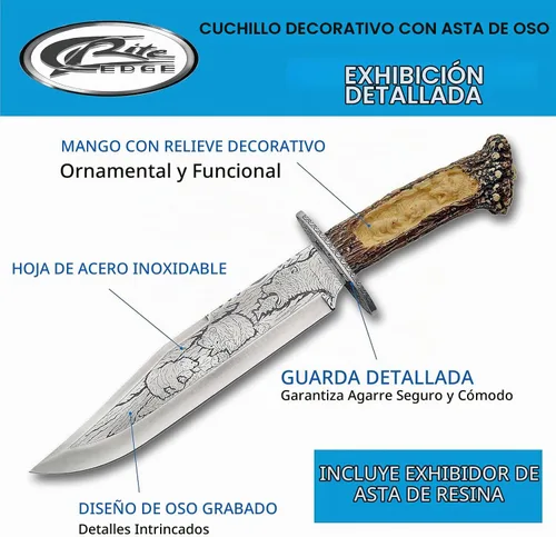 Vista 2 de SZCO Cuchillo de caza al aire libre de 15 pulgadas con soporte de exhibición de asta de resina
