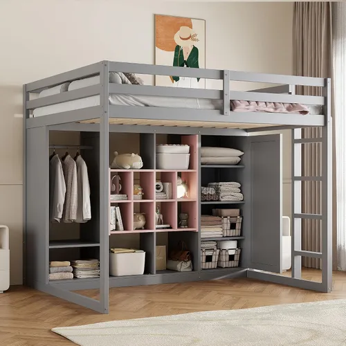 Vista 12 de Merax Cama tipo loft de madera con armario, estantes y gabinete, tamaño individual, gris+rosa