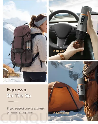 Vista 6 de CONQUECO Máquina de café espresso portátil: 12V eléctrica pequeña máquina de viaje Expresso - Autocalentamiento 8 tazas funciona