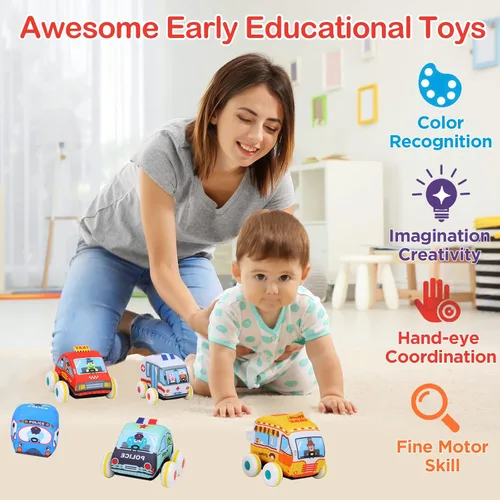 Vista 5 de GLÜCK Alfombra de juego para niños juguete suave para niños y niñas juguetes para bebés con 10 vehículos suaves y autos para tirar una alfombrilla
