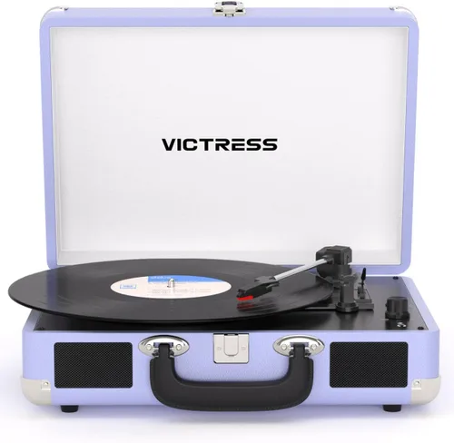 Vista 14 de Tocadiscos de vinilo con entrada y salida Bluetooth, tocadiscos portátil vintage de maleta, tocadiscos LP de 3 velocidades con conversión de vinilo