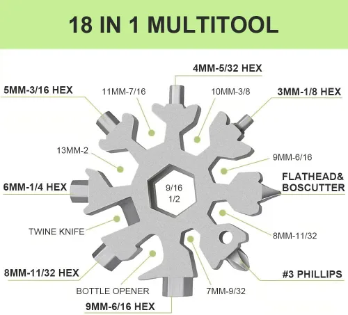 Vista 2 de CUXIXA Relleno de calcetines para hombres, multiherramienta 18 en 1, multiherramienta de copo de nieve de acero inoxidable, accesorios geniales