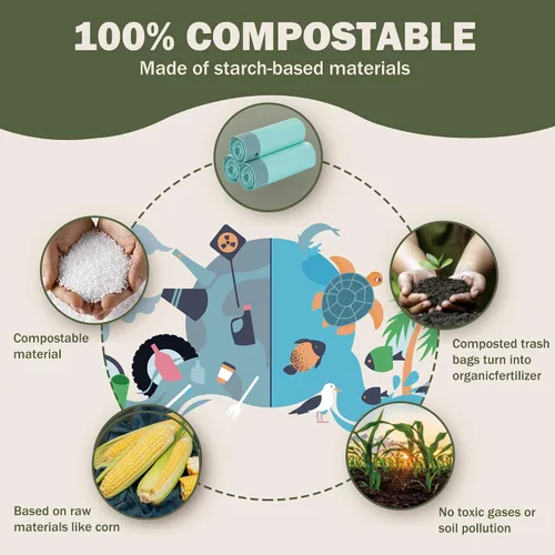 Vista 3 de Bolsas de basura compostables con asa compostable de 4 galones con cordón extra grueso de 0.78 mils, bolsas de desechos de compost de comida con US